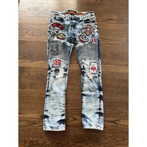Men's 32/30 Copper Rivet Distressed Patch Jeans Acid Wash Motorcycle Skull Ride